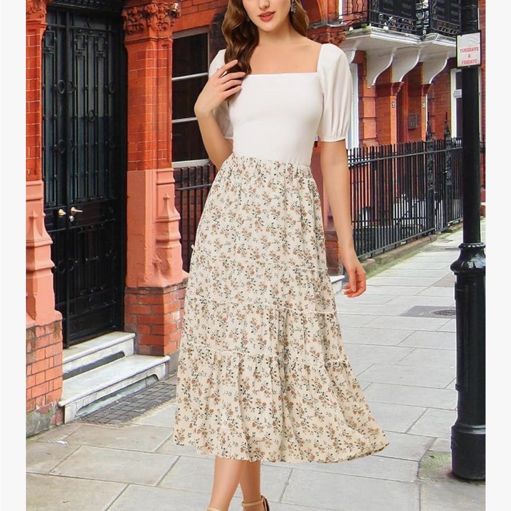 Allegra K Cream Floral Tiered Midi Skirt